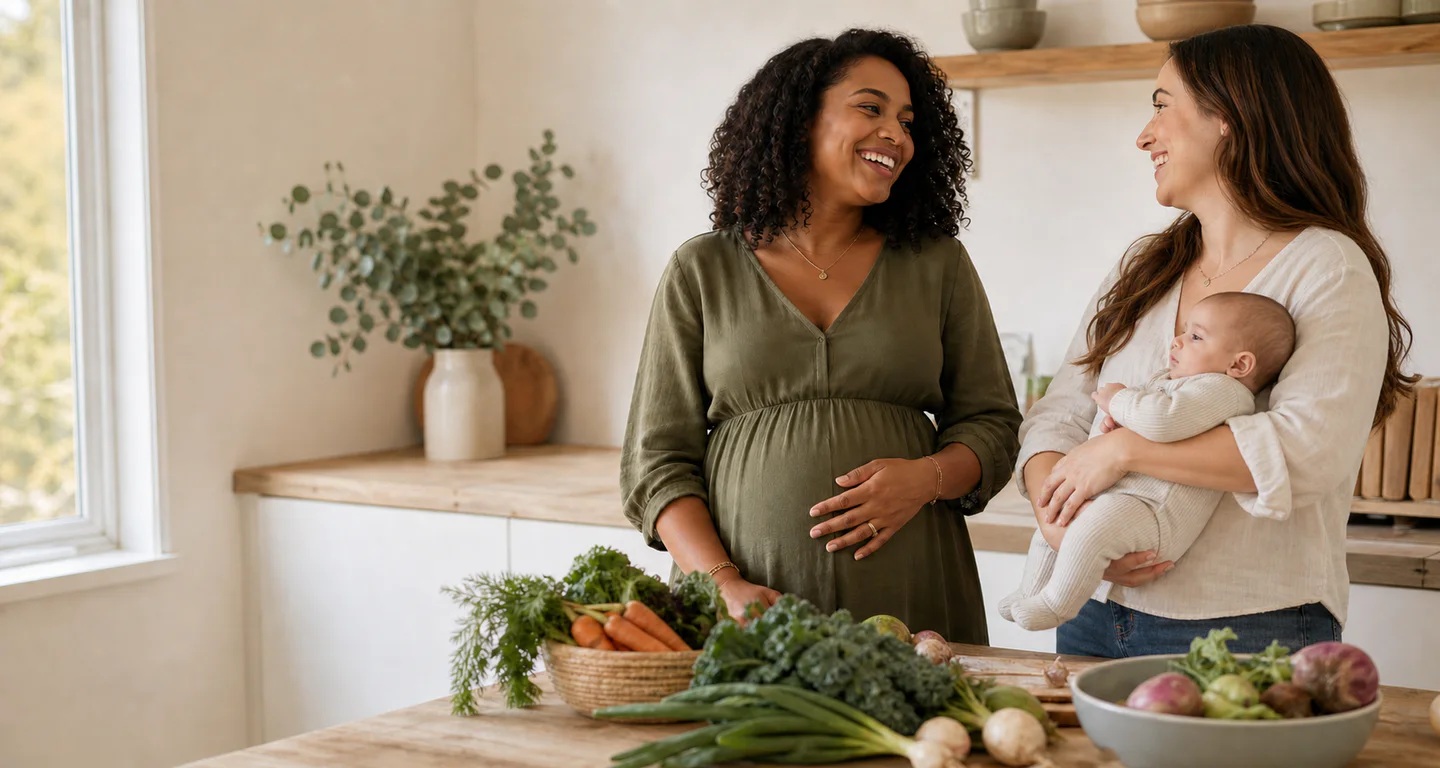 A pregnant mother and a mother holding her baby preparing vegetables together